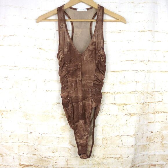 Y2K Bodysuit Women M Brown Jean Pocket Trompe Loeil Mesh Sheer Ruched V-neck VTG - Picture 11 of 15